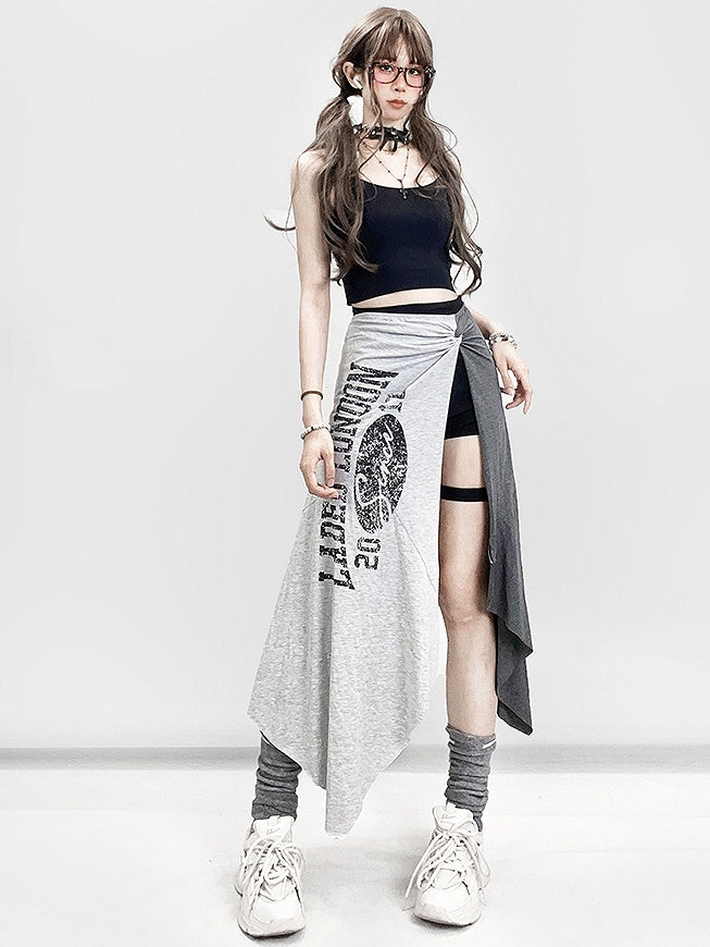 Shorts Hem Black Slit With Letter Asymmetrical Side Skirt Gray Print Glamorous