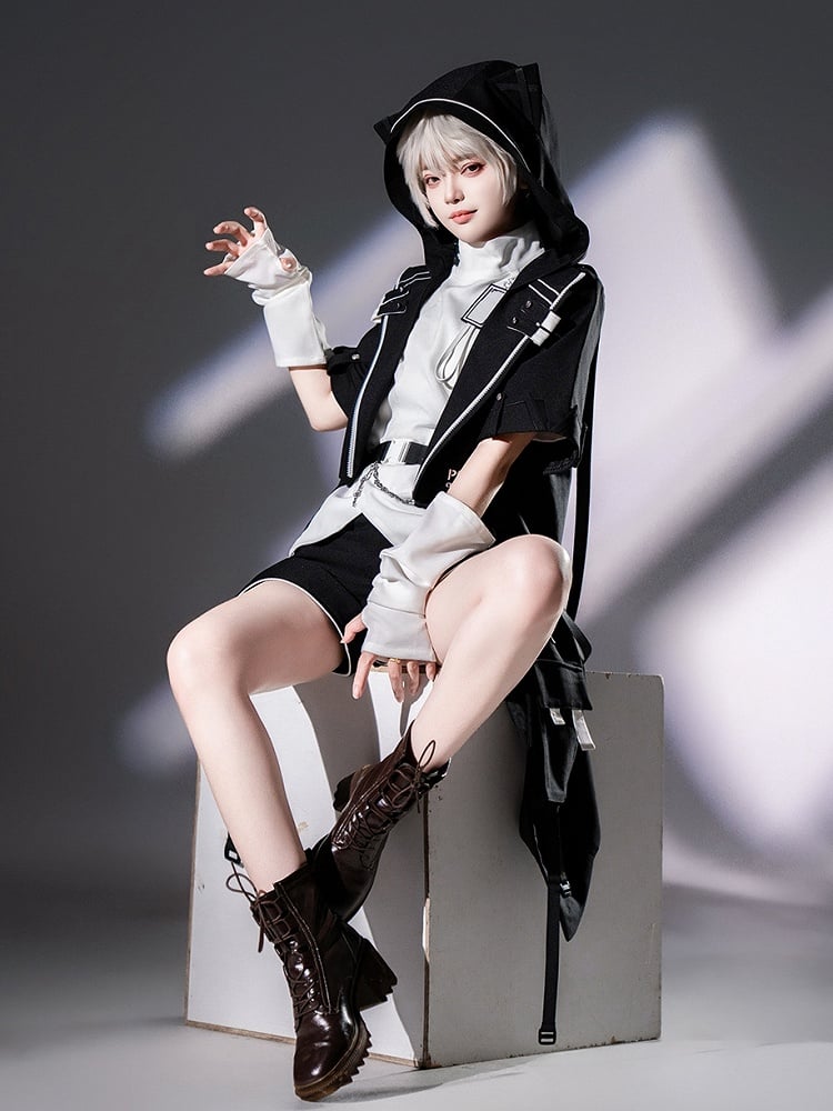 Futuristic Fashion Buckle Collar Techwear White Sleeves Short High Ouji Top