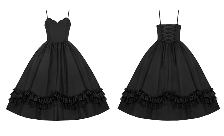 Schwarzes klassisches Lolita-Kleid mit dünnen Schulterträgern und gewelltem Ausschnitt