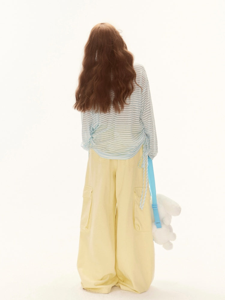 Yellow Drawstring Waist Wide-Leg Cargo Pants