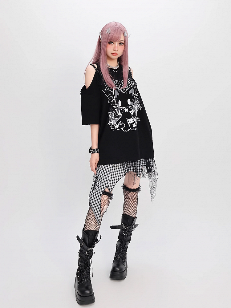 Cat Print Loose T-Shirt Y2K Black Cutout Shoulder Bittersweet