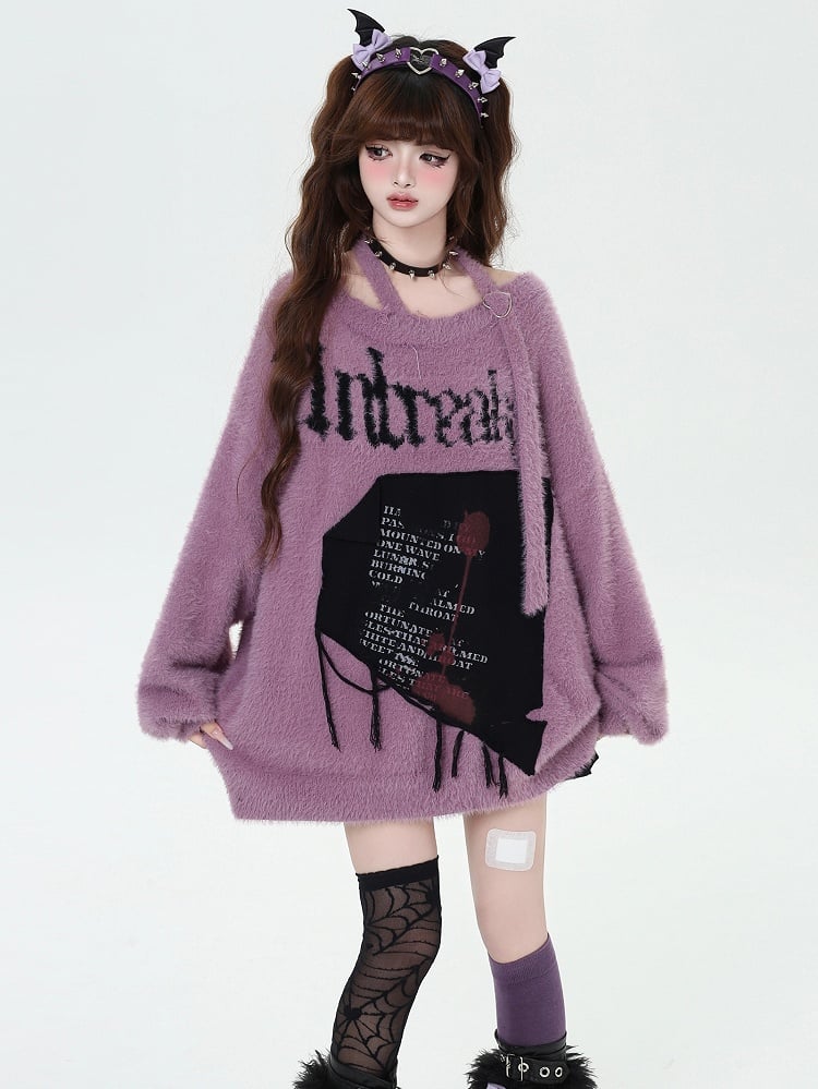 Schwarz/Weinrot/Lila Neckholder-Pullover mit Buchstabengrafik