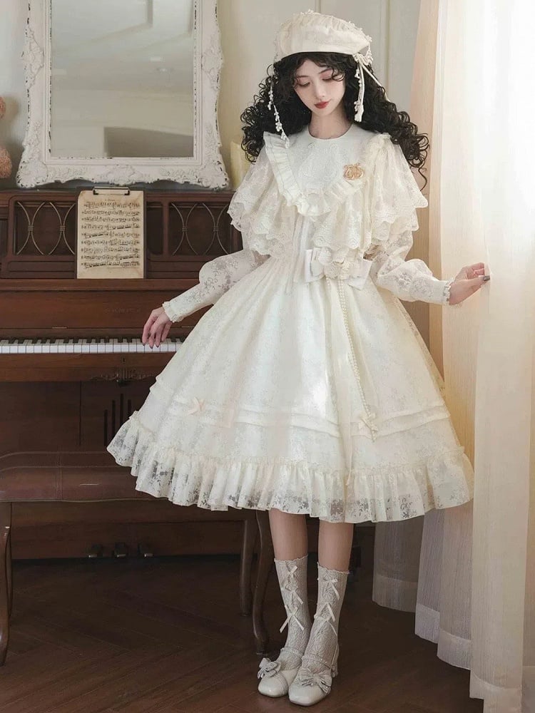 Beiges, halbtransparentes, elegantes, klassisches Lolita-Kleid mit Harfenstickerei im Frühling