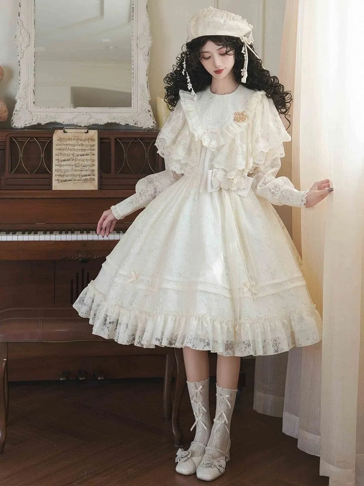 Beige Elegant Sleeves Classic Spring Lolita Dress Embroidery Semi-sheer Harp Long