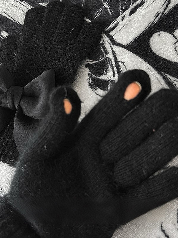 Pads Black Details Gothic Bowknot Finger Cutout at Gloves
