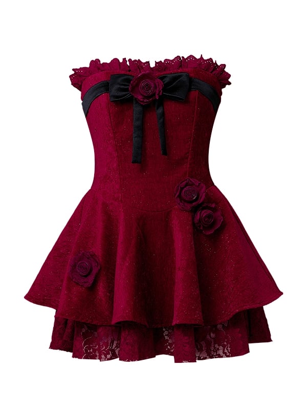 Roses Embellishments Christmas Wine Red Strapless Dress with Plush Shawl Set