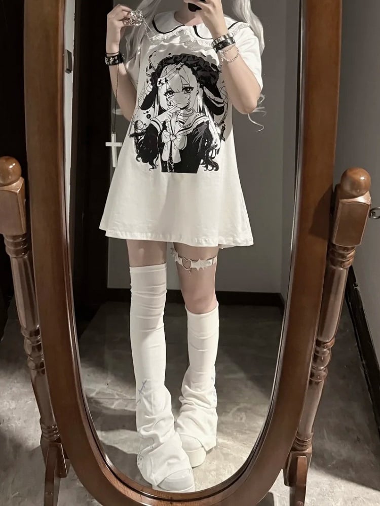 Pan Jirai Kei T-Shirt Weiß Anime Girl Print Peter Collar