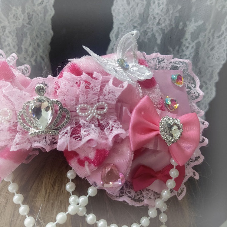 Leopard Design Charm Pattern Lace Bowknot Trim Pink Beaded Hairclip Floral Rhinestone Decorated