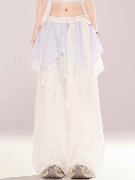 Zweiteilige Taille Taschentuch Saum Weite Beinhose Weiß Low Faux