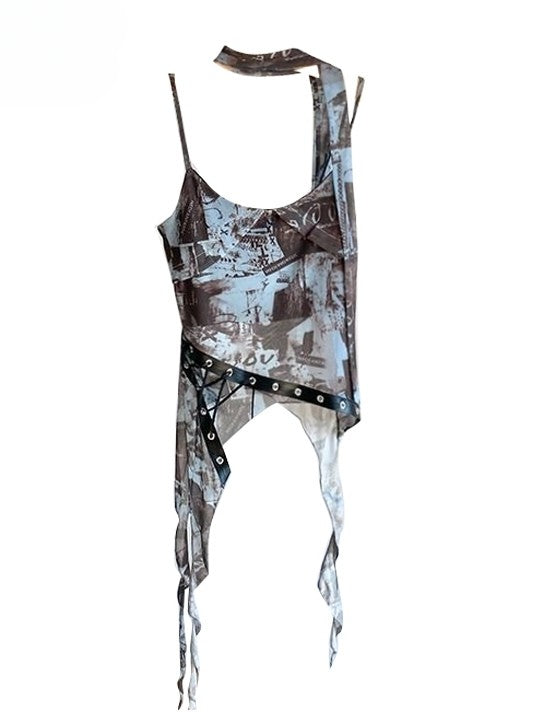 Asymmetrical Cami Scarf Top Bittersweet Blue Lace-up Detail + Hem
