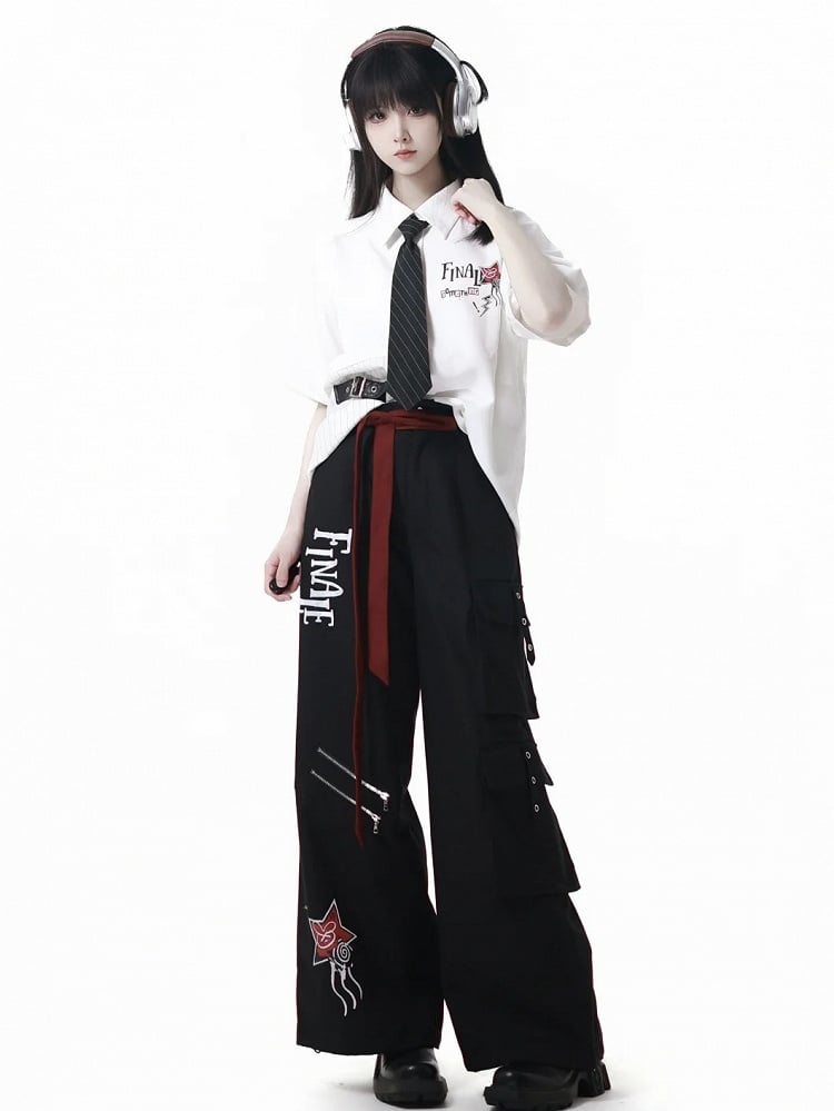 Straight-leg Cargo Black Double Zippers Drawstring Cuffs Pants