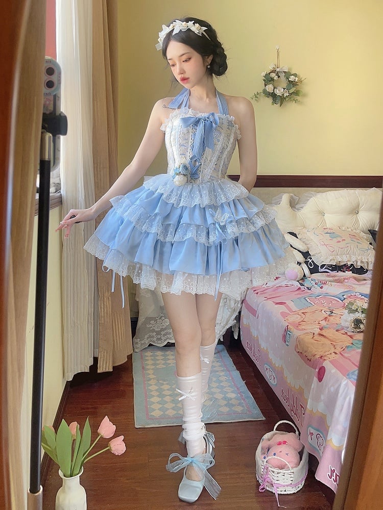 Neck Boned + Ruffle Corset Halter Blue Top Skirt Tiered Balletcore