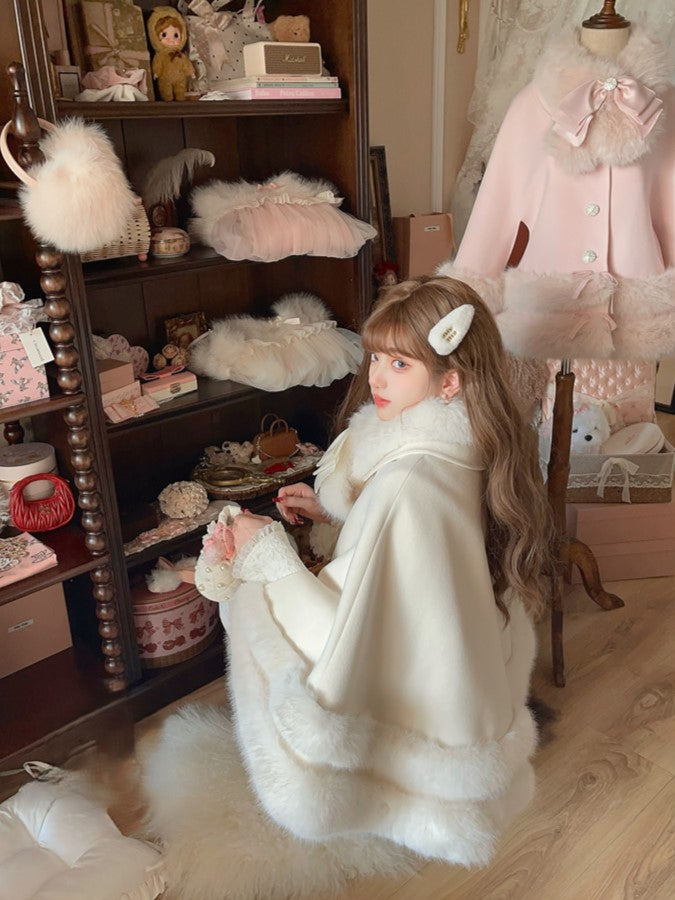 Faux Fleece Cloak White With Fur-Trimmed Bow Accents Creamy