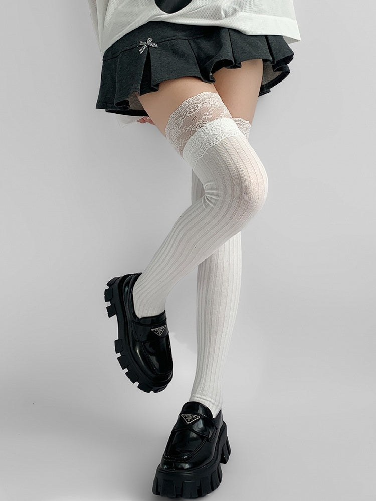 Lace Gray/Beige/Light Gray White/Black/Dark Knitted Over-knee Trim Stockings