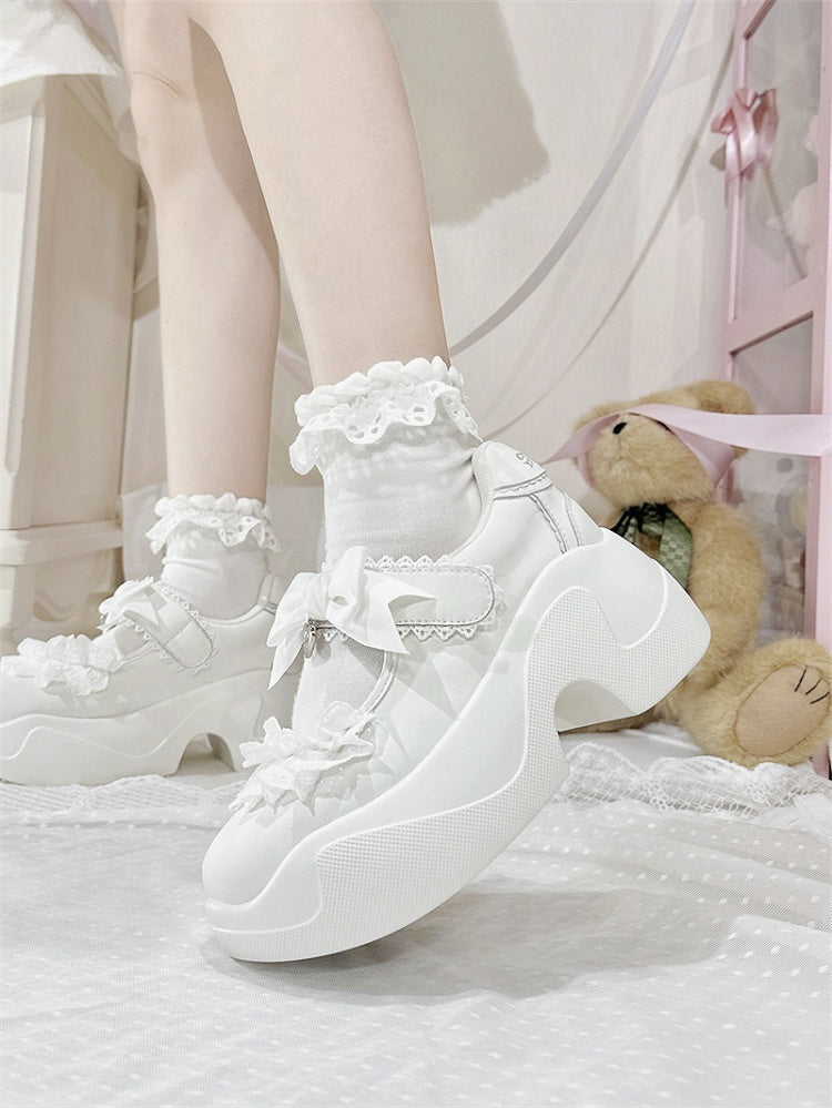 White Jirai Kei Velcro Platforms Lace Trim Bowknot Closures Strap
