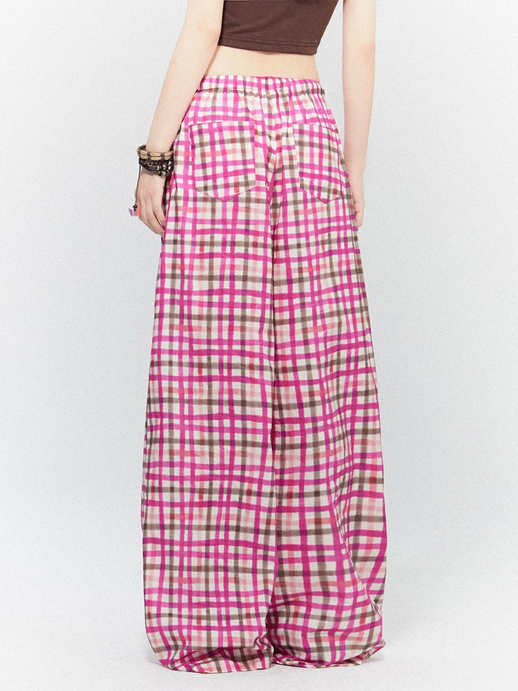 Pink Low-Rise Drawstring Pants Adjustable Checkered Wide-Leg with Waist