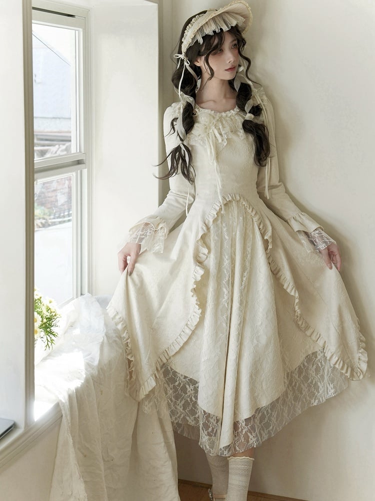 Beige Spitzenpatches Unregelmäßiger Rock Rosenstoff Lolita Kleid