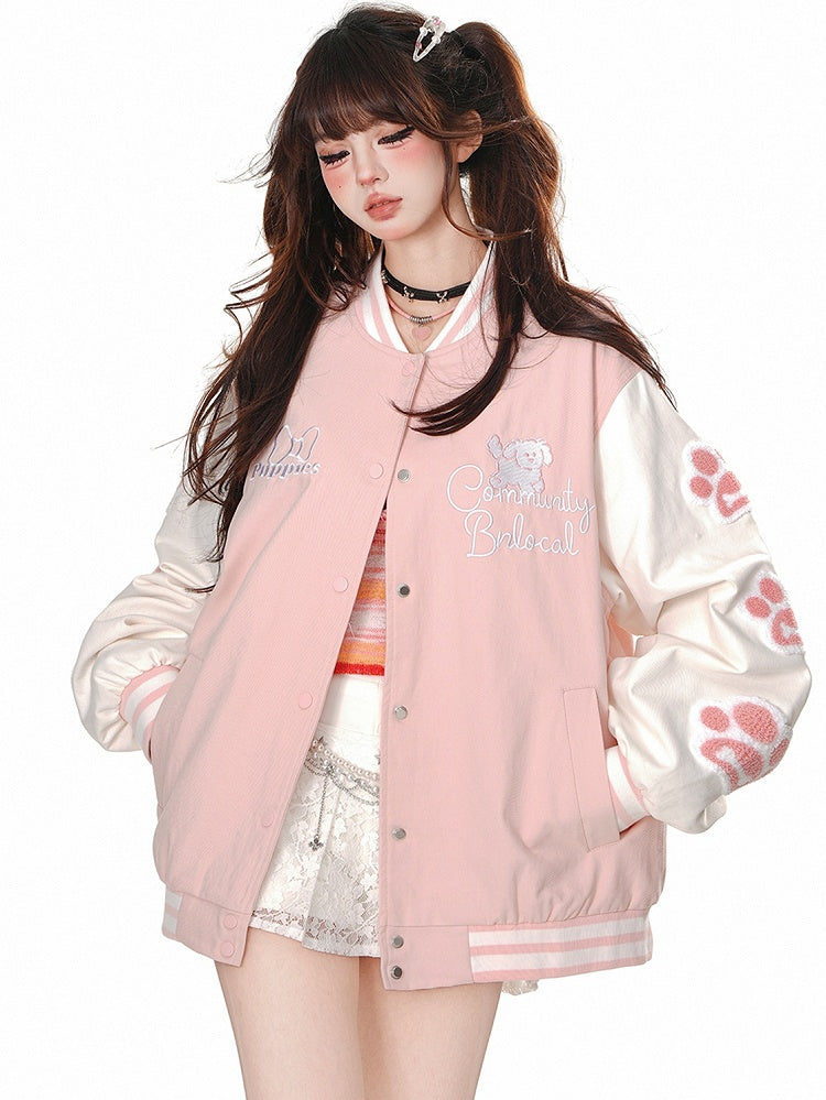 Blau/Pinke Baseballjacke mit süßer Welpen-Applikation auf der Rückseite