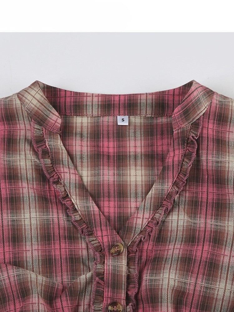 Plaid Sleeves Ruffles Trim Pattern Shirt V-neck Y2K Short RedBrown