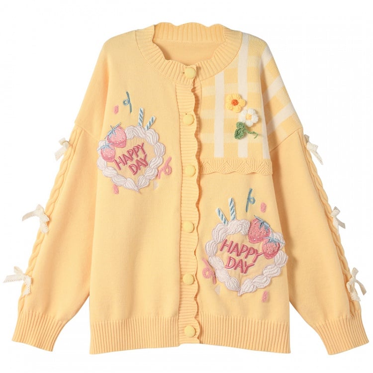 Kawaii Yellow Knitted Cardigan Floral Accents Creamy Yume Strawberry Cake Embroidered