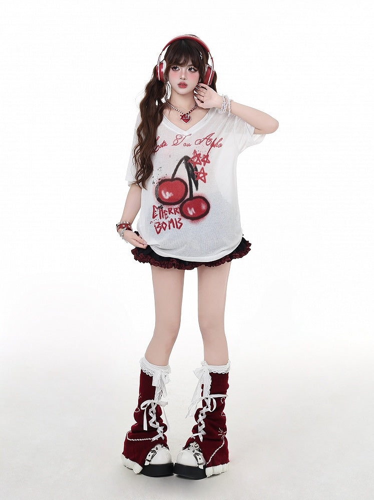 T-Shirt White Semi-Sheer V-Neck Cherry Print Sun Protection Bittersweet