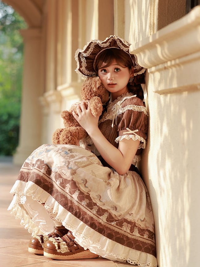 Teddy and Sweet Brown Lolita Print Ruffle Round Dress Neck Kitty OP