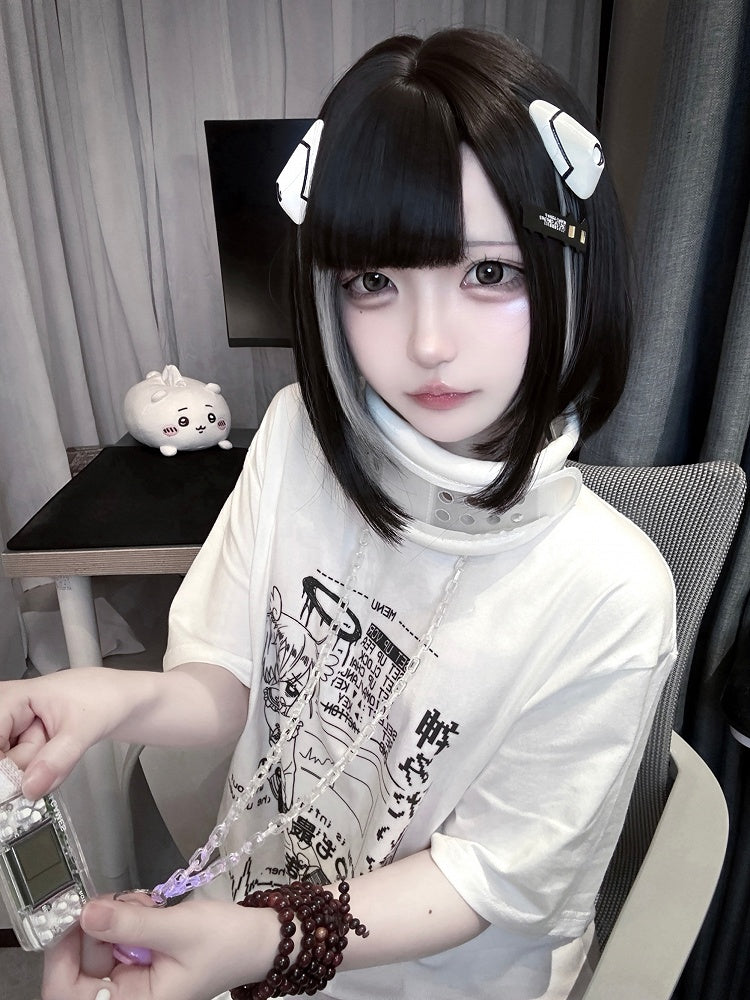 Jirai Black/White Round Neck Cyberpunk T-Shirt Print Kei Angel Cotton