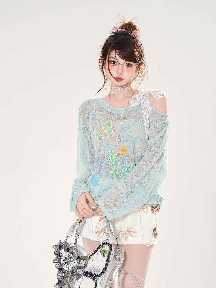 Asymmetrical Neckline Butterfly Print Apricot/Green
