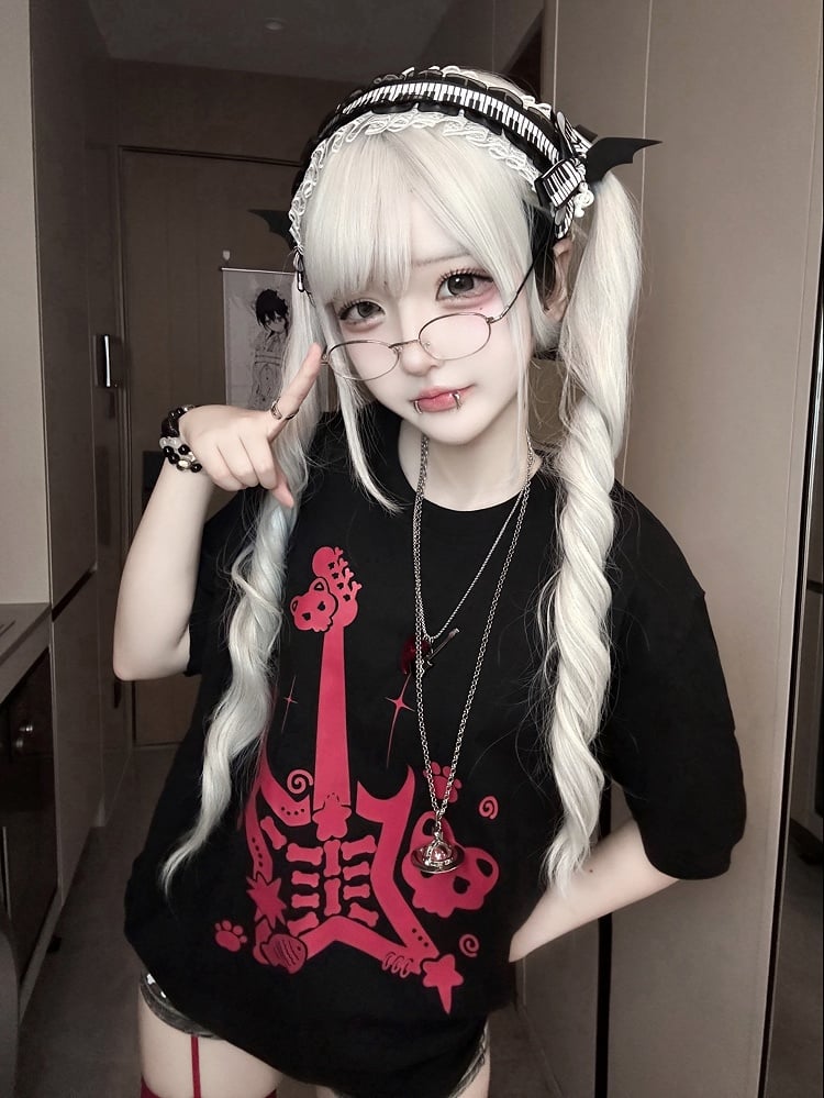 Red Guitar Print Rock Punk Black and Jirai Kei T-Shirt with Guitar Pick Necklace