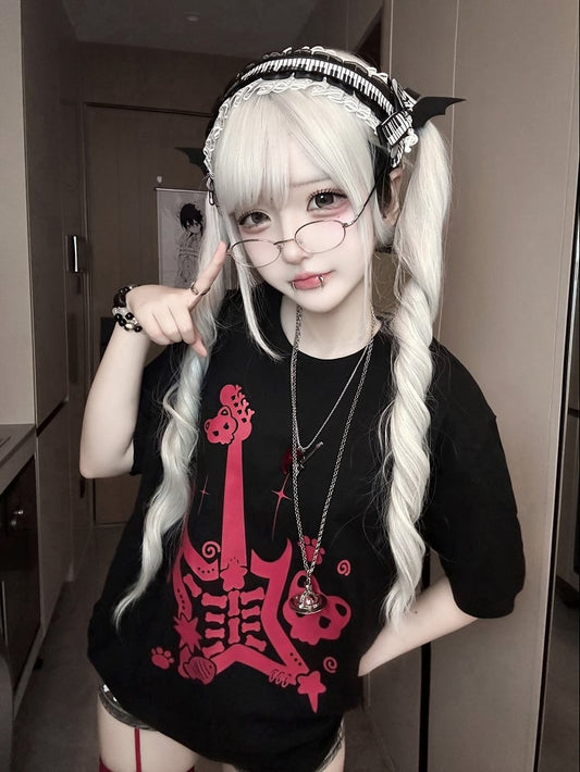 Red Guitar Print Rock Punk Black and Jirai Kei T-Shirt with Guitar Pick Necklace