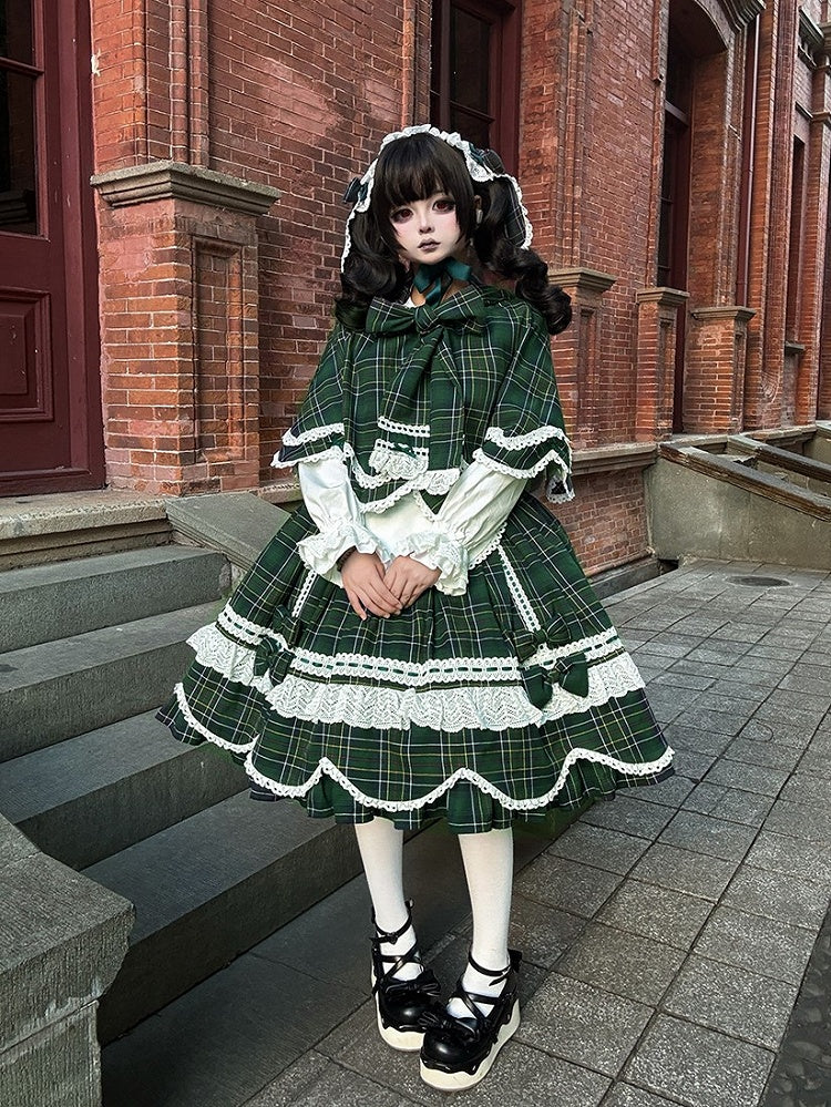 Green Plaid Bunny Ears and Cape Petal-like Trim Hooded with