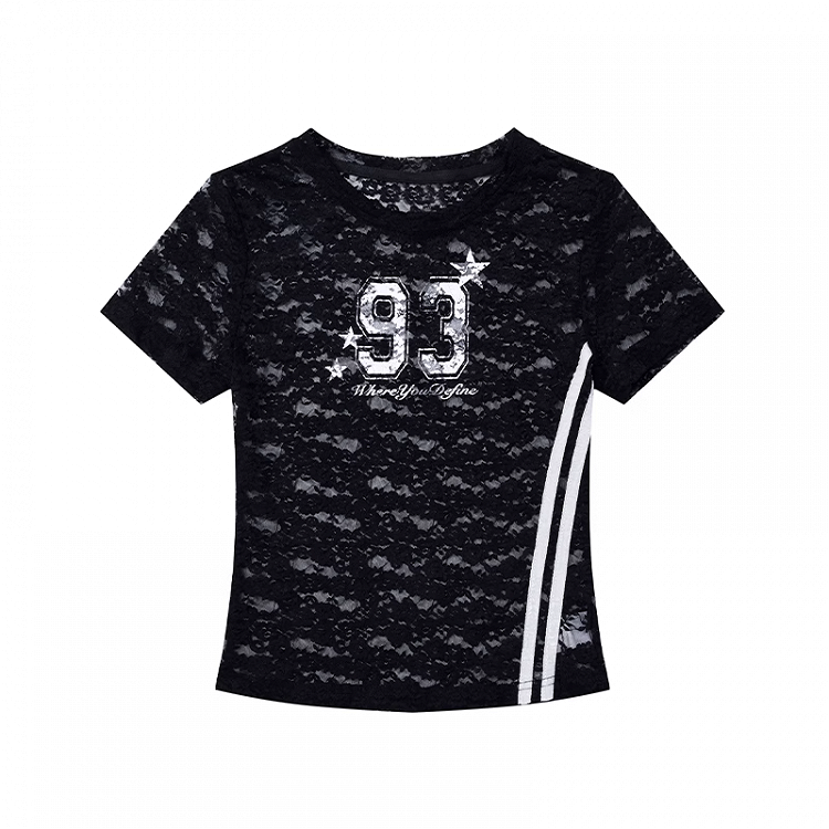 Spitzen T-Shirt Rundhals Zahlen Print Halbtransparent Schwarz/Weiß