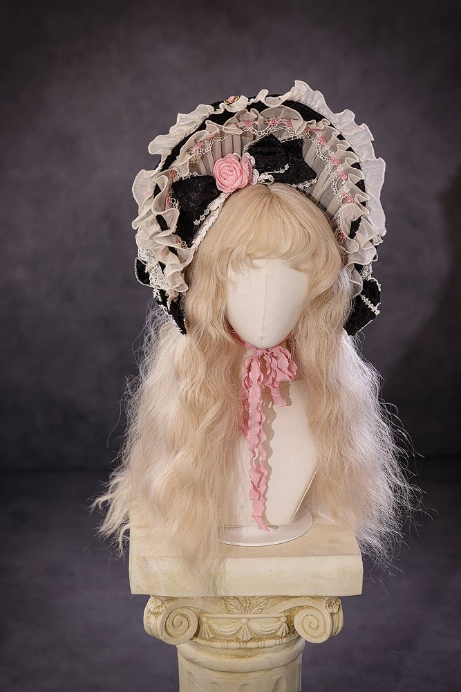 Black Hanayome Rosette Embroidery Floral and Bead Chain Lolita OP Full Set