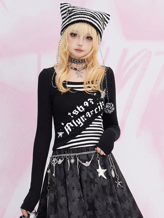 ブラックレタープリントフェイクツーピースストライプ長袖トップス