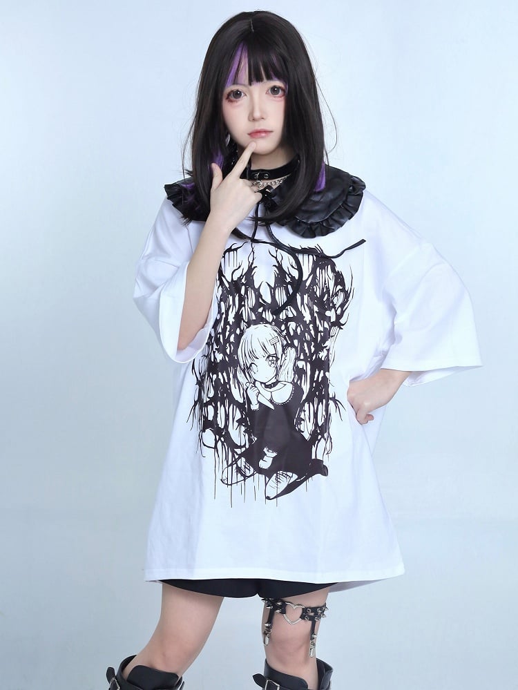 Weißes Jirai Kei Girl T-Shirt mit Cartoon-Print in Übergröße