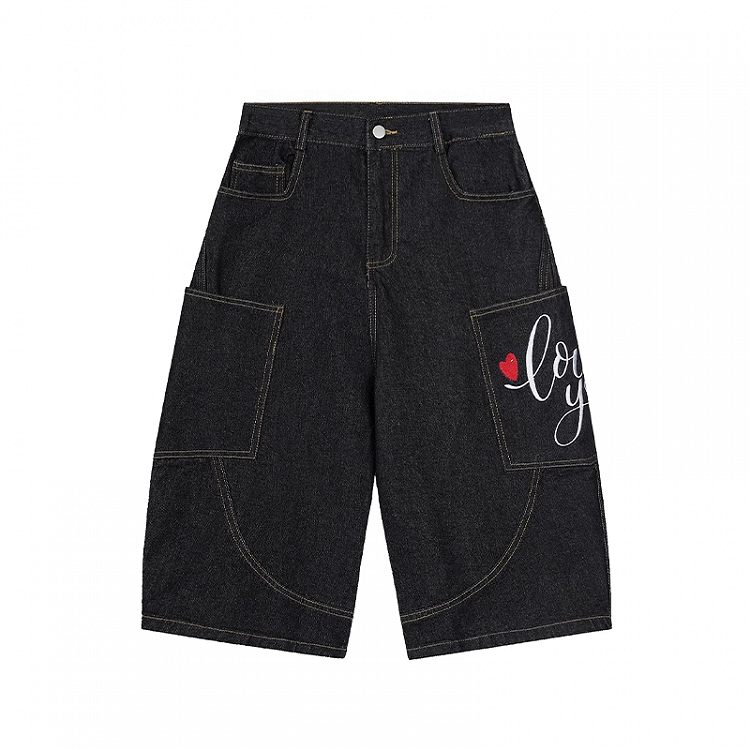 Waist Heart Embroidery Wide-leg Cargo Jeans Black Low