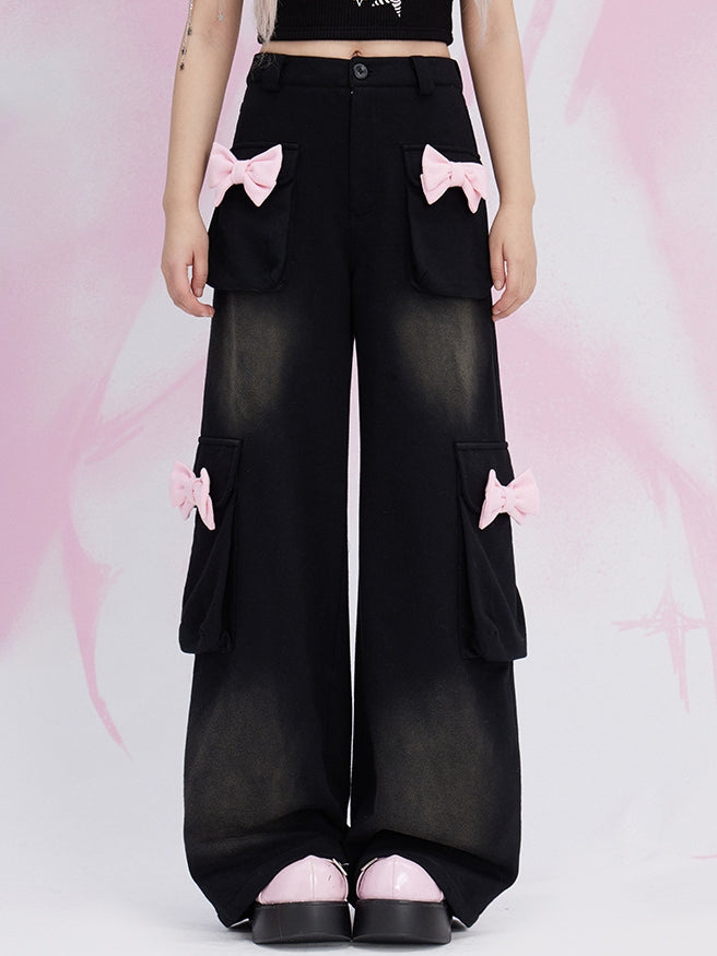 Black Bowknot Details Cargo Pockets Straight-leg Cut Jeans