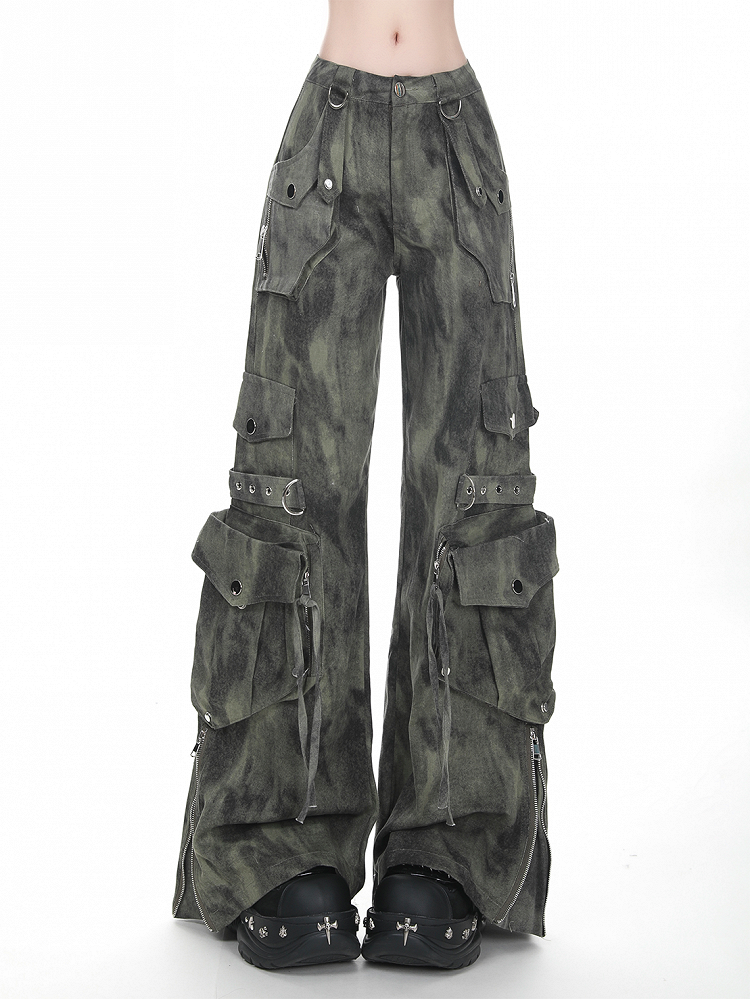 Gray/Green Faded Vintage Dark Wash Wide-Leg Cargo Jeans with Zippered Cuffs