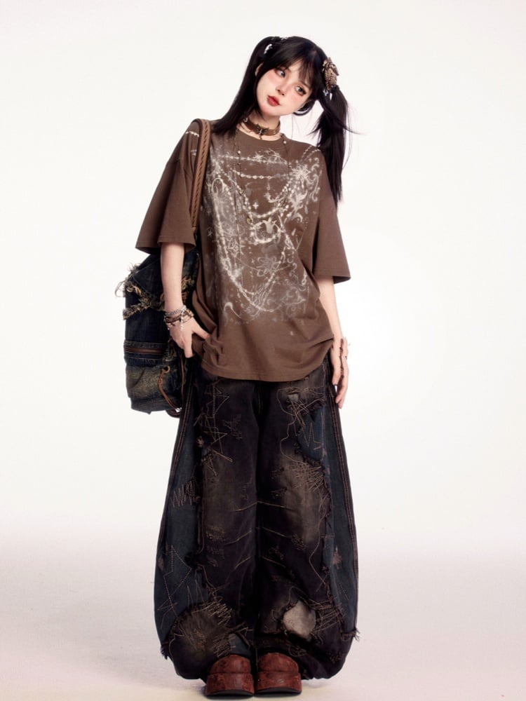 Wasteland Punk Brown Round Neck Graphic T-shirt