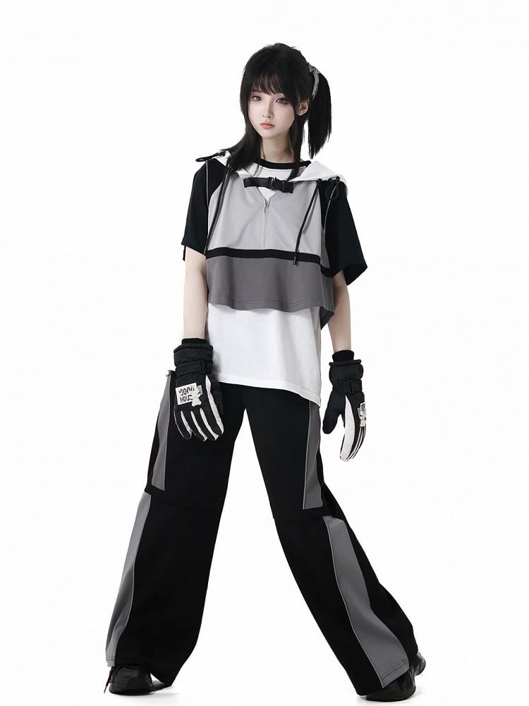 Weste Grau Colorblock Design Techwear Kapuze Cropped