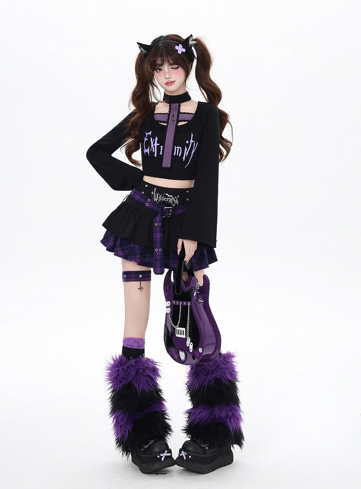 Garter Purple Plaid Buckle Y2K Lined Tiered Skirt with Cross and Design Black Belt