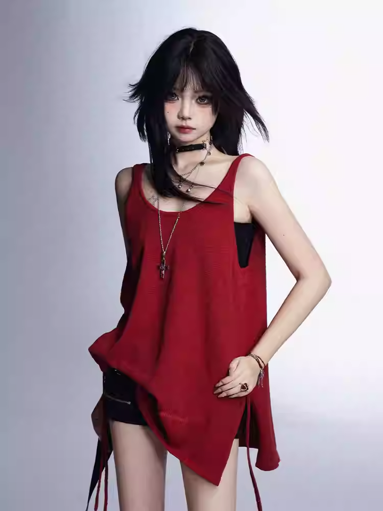 Bustier Tank Top Black Glamorous Red Side Slit Vintage Set with Top