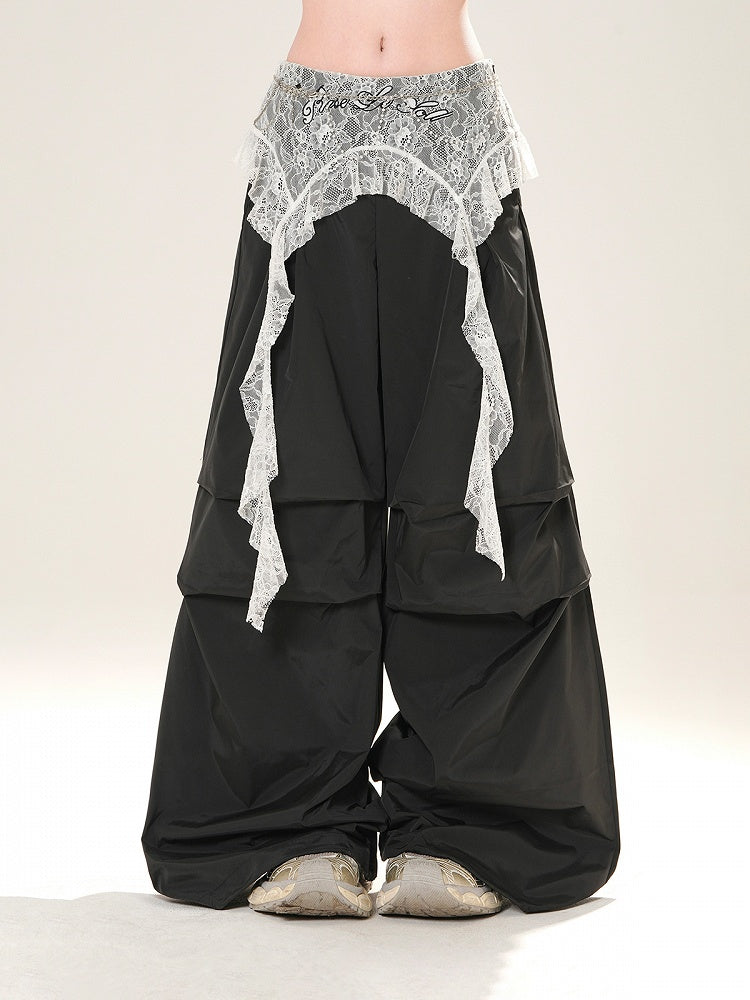Gray/Black Low Light Rise Wide-Leg Pants with Waist Lace Accessory