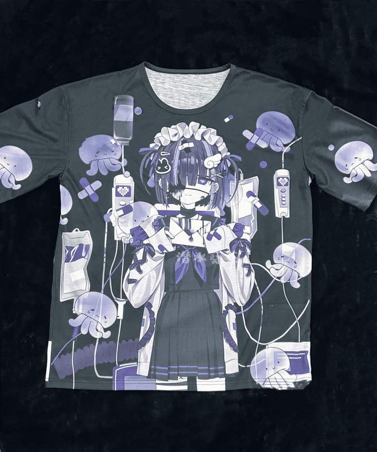 T-shirt Dark Otaku Aesthetic Black Kawaii Round Neck /White with Yami Anime Print