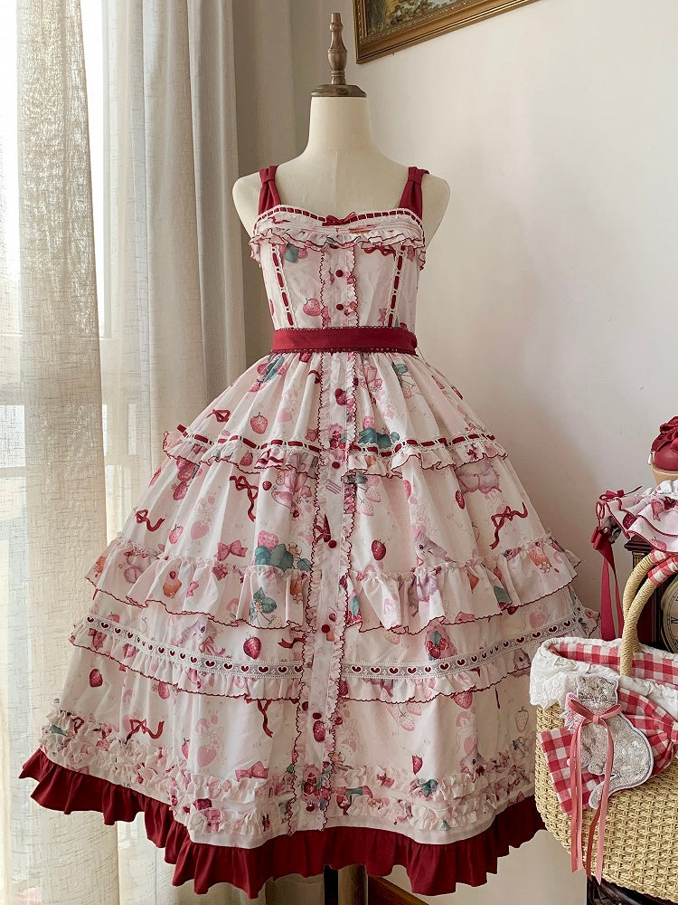 Kitty and Strawberry Print Spring and Summer Cottagecore Lolita Dress