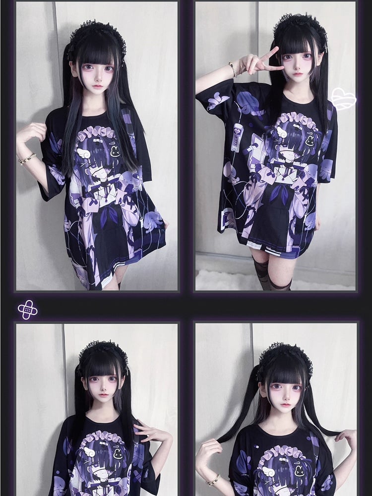 T-shirt Dark Otaku Aesthetic Black Kawaii Round Neck /White with Yami Anime Print