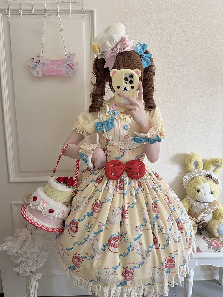 Lolita Print Dress Yellow Showa Cherry Fashion Cream Sweet Cake Kitty and