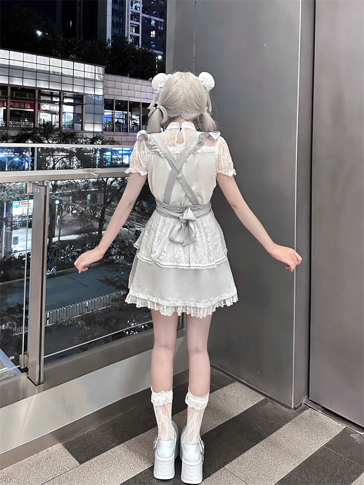 Ruffled Lace Trim Flutter Sleeves Kei Embellished Gray Bowknots Jirai Overalls
