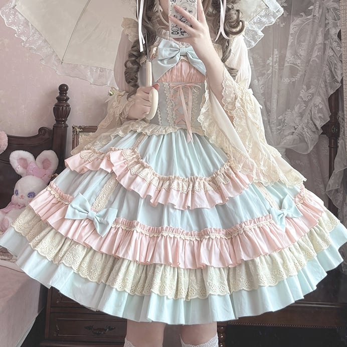 and Candy JSK Lace-up Front Scalloped Edge Sweet Lolita Dress Blue Color Pink