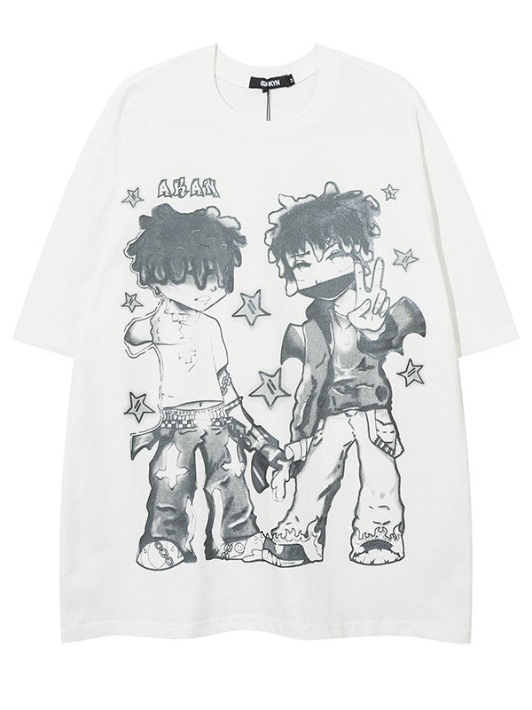 Loose-Fit Anime Character Graphic Tee - Flattering and Stylish White/Black/Pink